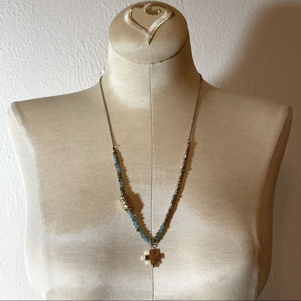Gold and turquoise glass beads necklace